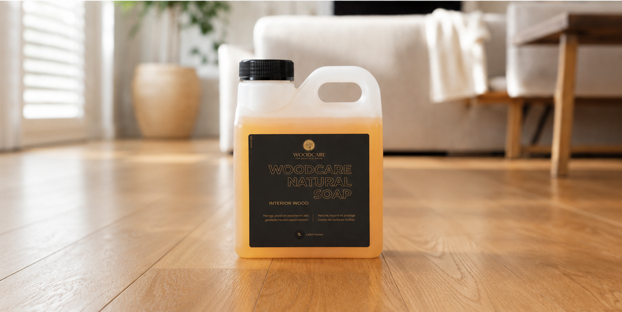 WOODCARE Natural Soap Naturel jerrycan op een geoliede houten vloer in een woonkamer