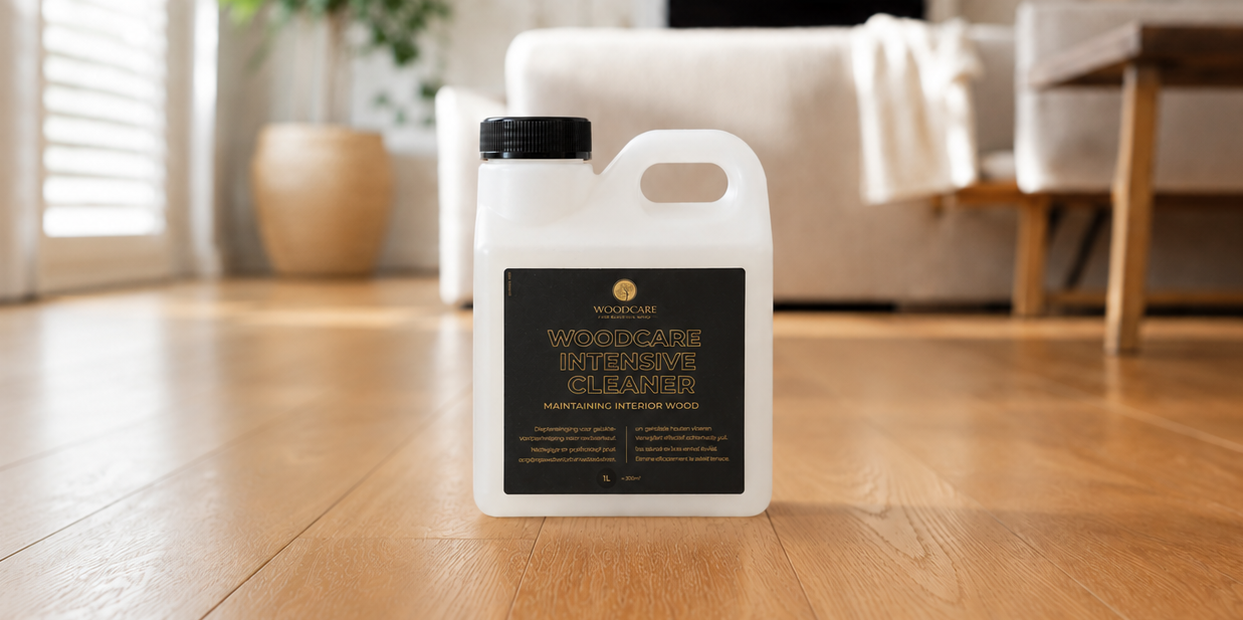 WOODCARE Intensive Wood Cleaner jerrycan op een houten vloer in een woonkamer