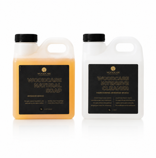 WOODCARE Onderhoudsset Naturel 2x 1 liter — zeep en onderhoudsolie voor geoliede houten vloeren